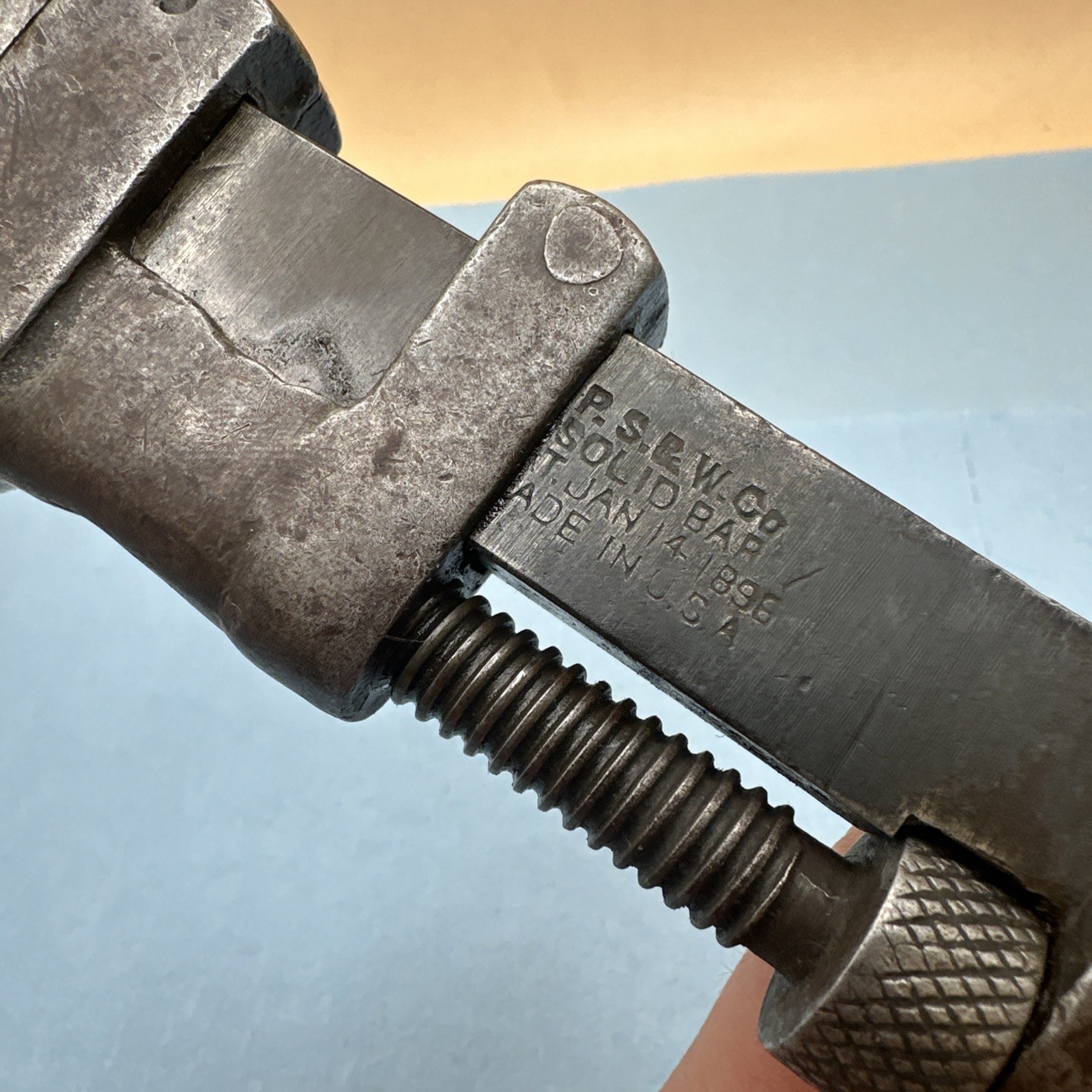 Antique P. S. & W. Co. 8” Solid Bar Pipe Wrench Pat. Jan. 14, 1896 Made In USA