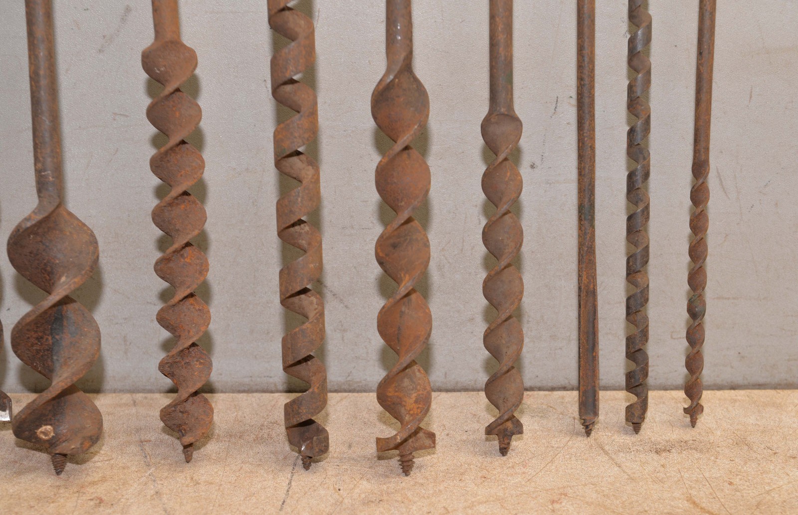 9 antique timberframe barn building long auger drill bits collectible tools A8