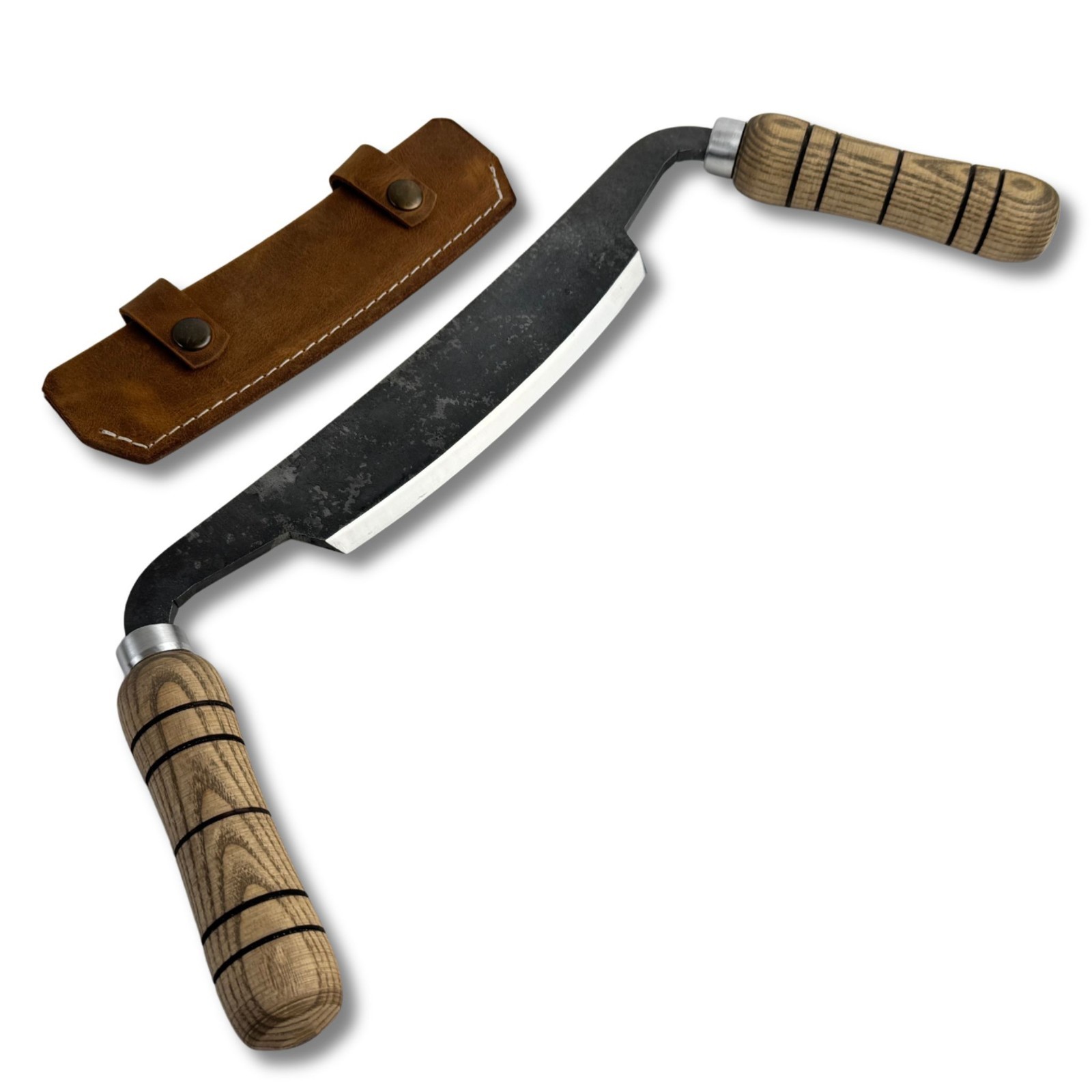 Medium Draw Knife – Hand-Forged 52100 Steel, Ash Handles, Sheath Included