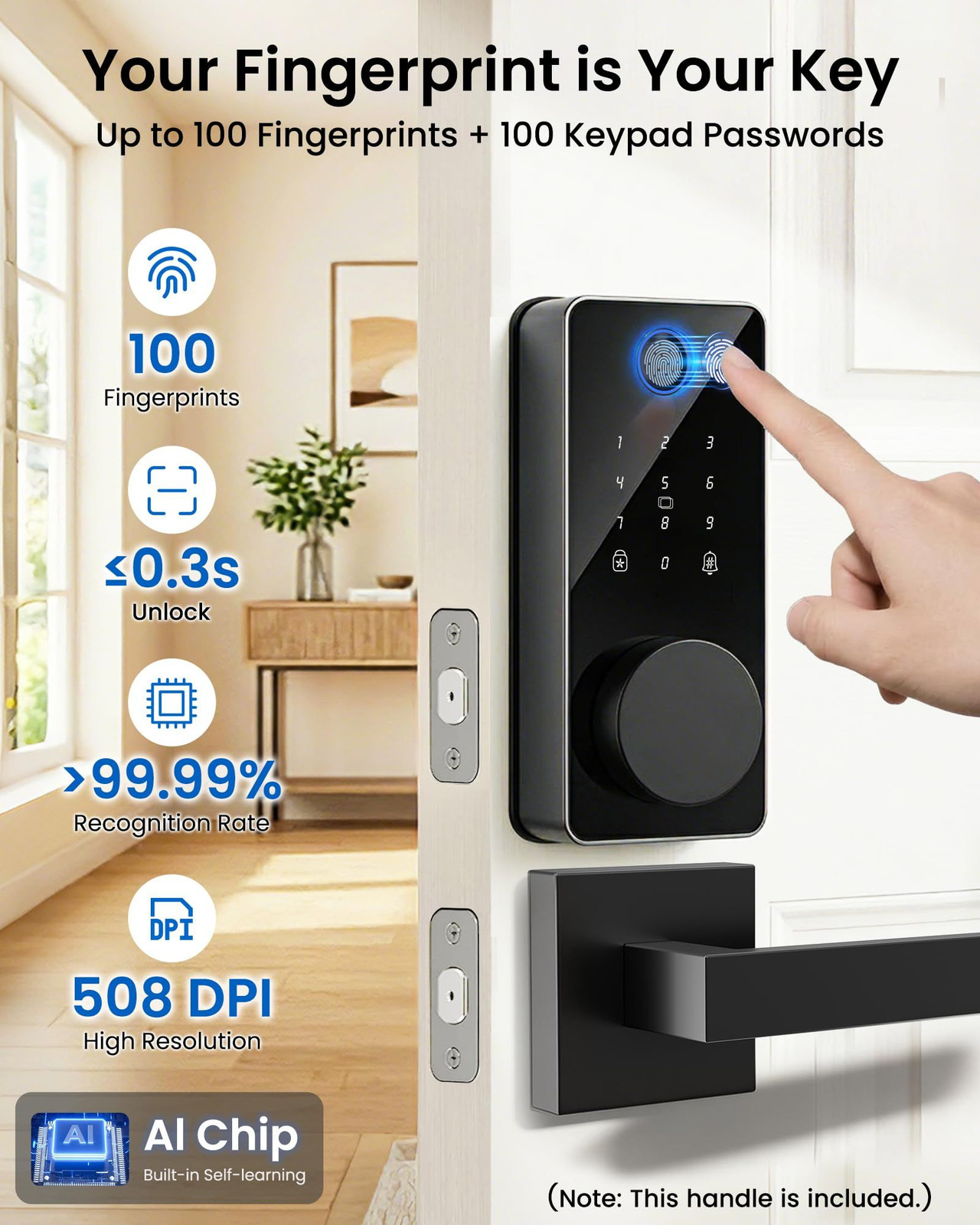 Fingerprint Keyless Entry Door Lock with 2 Handle Set, Smart Glossy Black