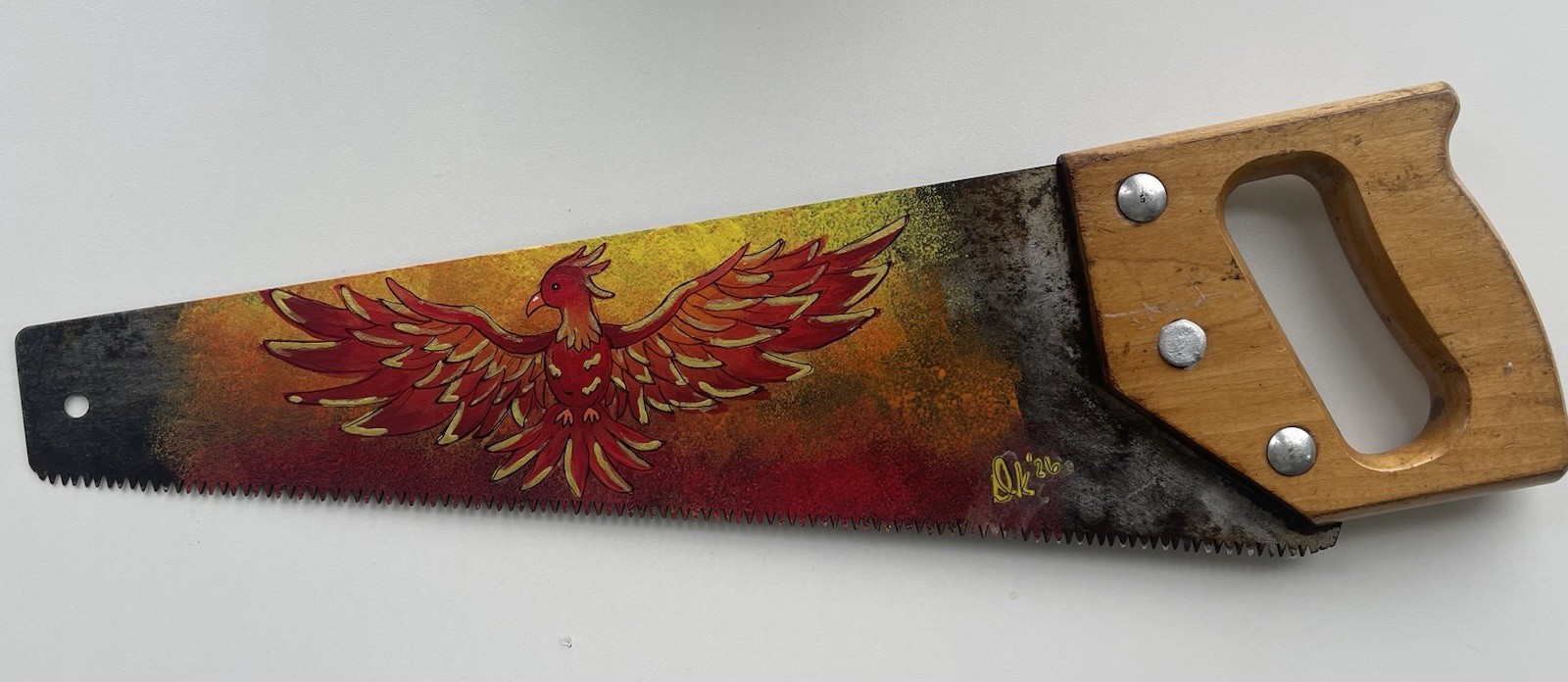 Hand Saw Wooden Handle Hand-Painted Phoenix Design Contemporary Original