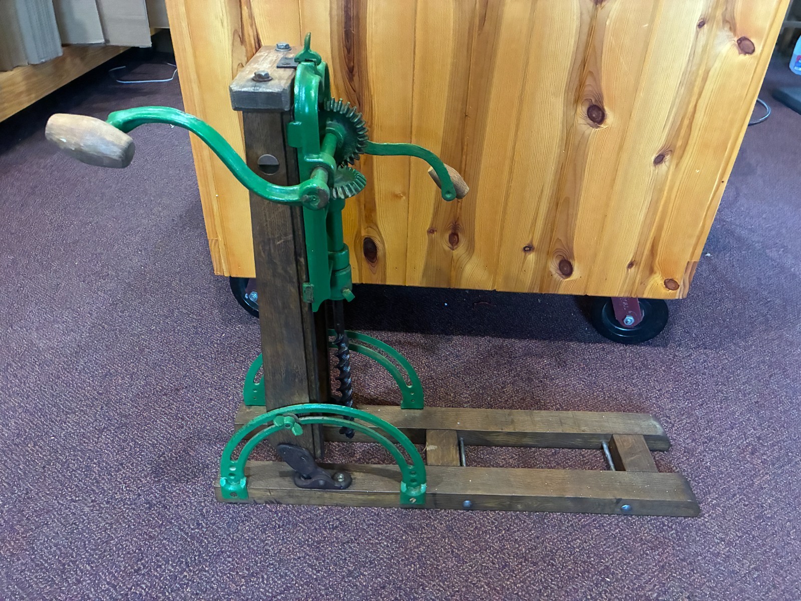 Antique Folding Barn Beam Drill & Boring Machine Hand Operated John Deere Green