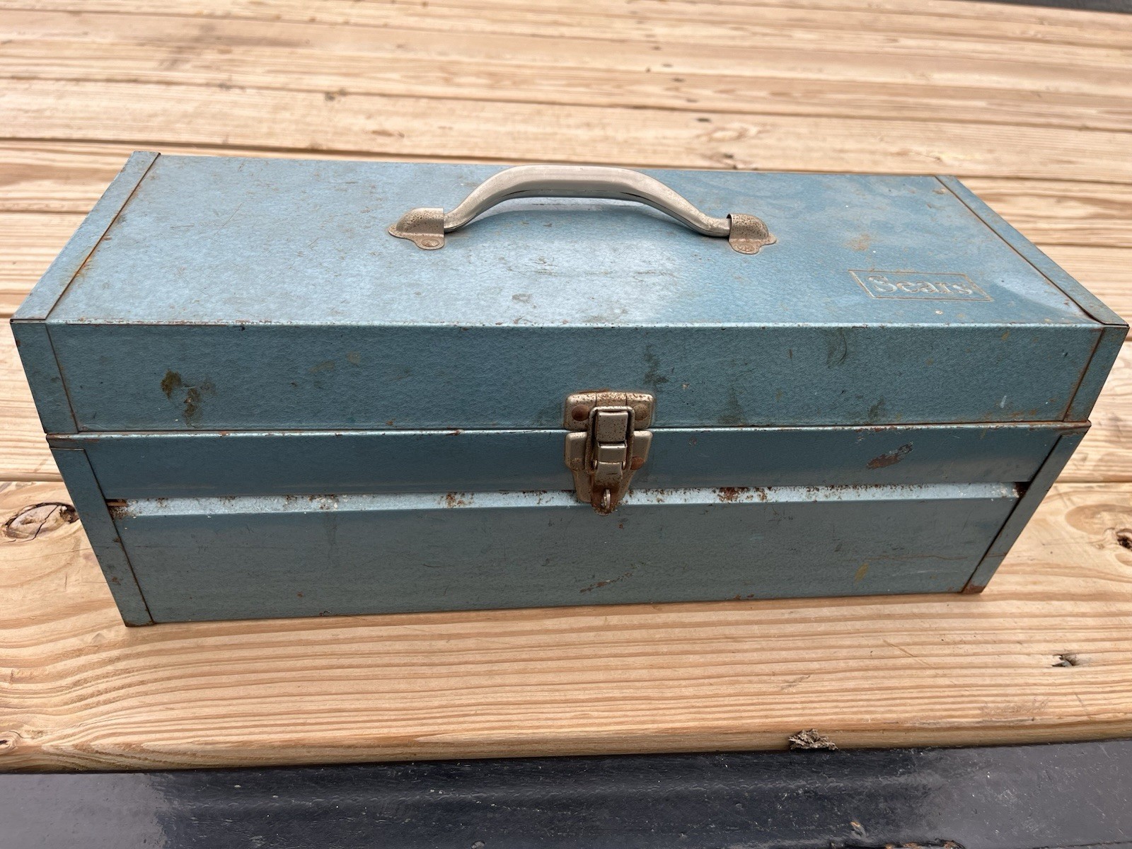 Sears Metal Tool Box Blue Red Interior tray Portable Storage Chest USA Vintage