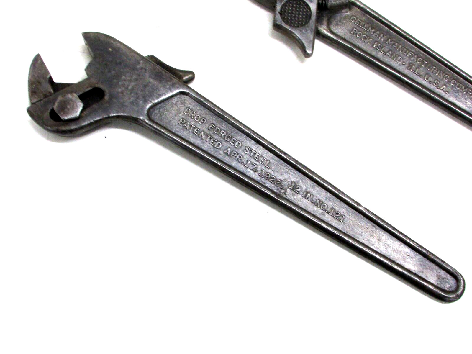 (2) VINTAGE GELLMAN MFG. 12″ ADJUSTABLE WRENCHES, POLLY, No. 121, USA