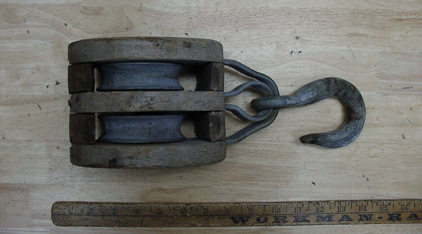 Vntg W.H. McMillans Sons N.Y. Double Wheel Wooden Pulley W/Hook,Awesome Piece