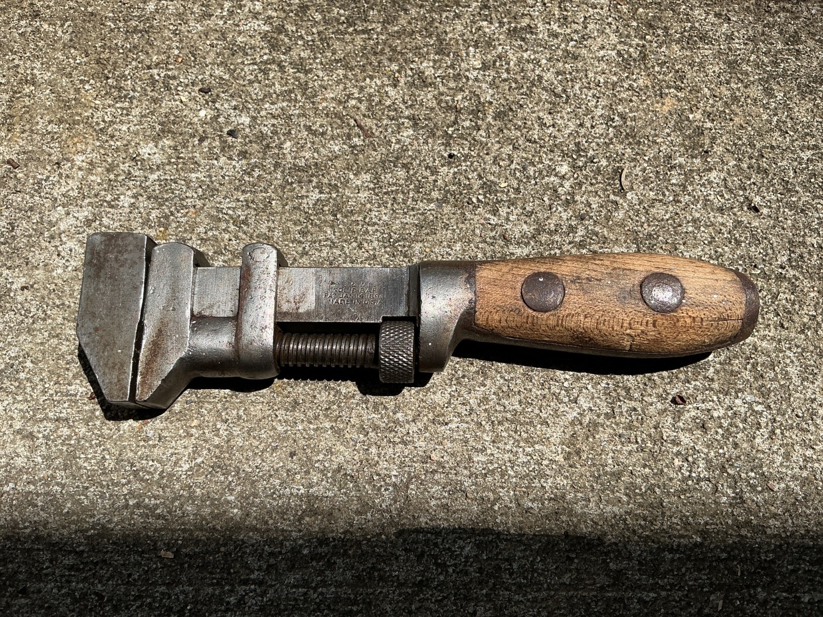 Antique PS&W Co Adjustable Wrench With Wood Handle, Cleveland Ohio Pat. 1896
