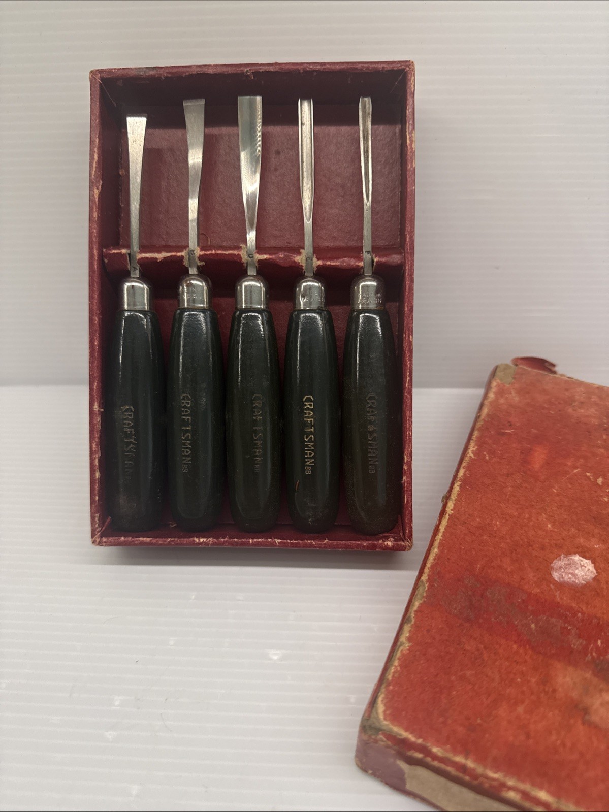 Vintage Craftsman USA 5 Piece Chisel Carving Tool Set Green Wood Handles W/ Box