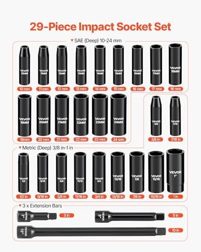 VEVOR 1/2″ Drive Impact Socket Set, 29-Piece Deep Sockets Standard SAE (3/8 t…