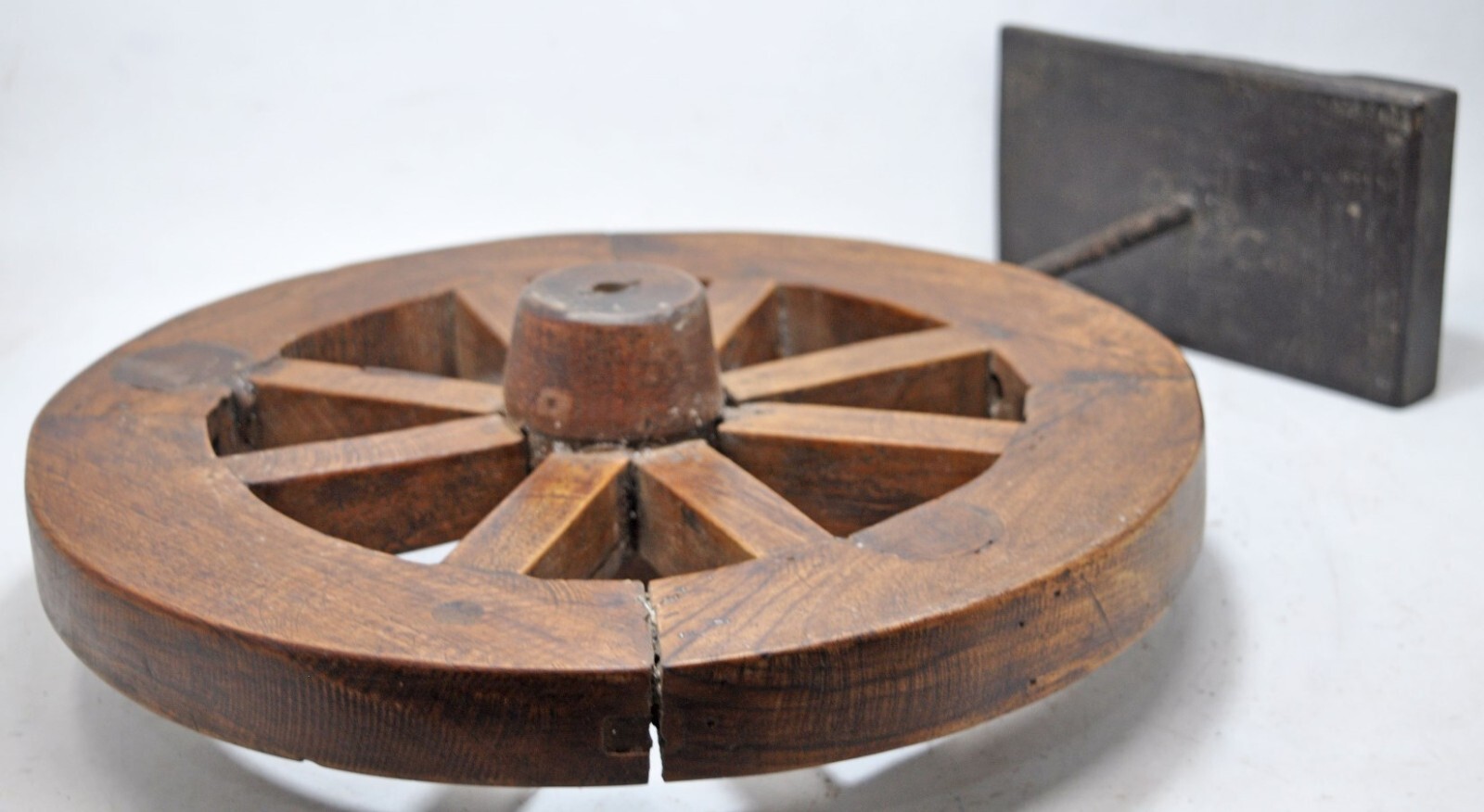 Vintage Wooden Salvage Art Round Cart Wheel On Stand Original Old Hand Crafted
