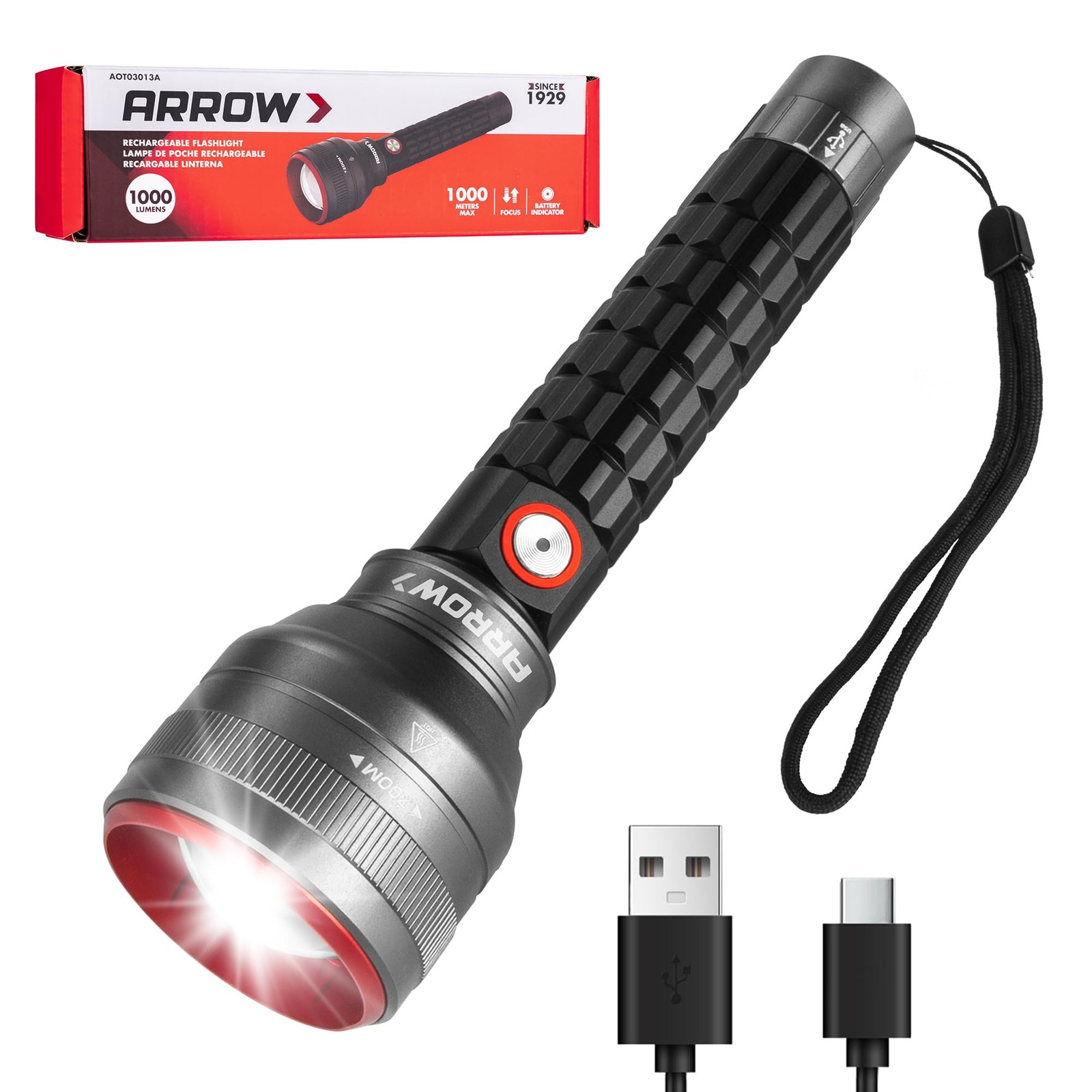 Arrow Rechargeable Flashlights 1000 Lumens Long Range 3280 FT, Bright Black