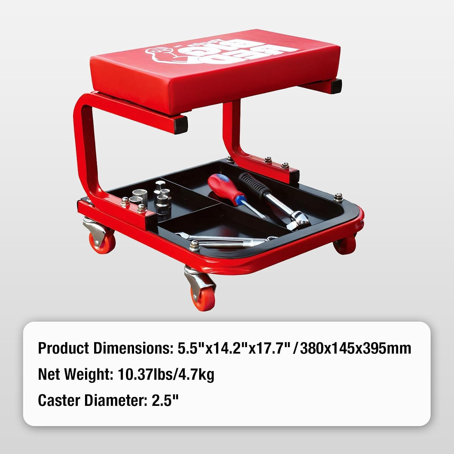 Rolling Mechanic Stool | 360° Swivel Casters; 250-Lb Steel Frame; 3-Zone Tool Tr