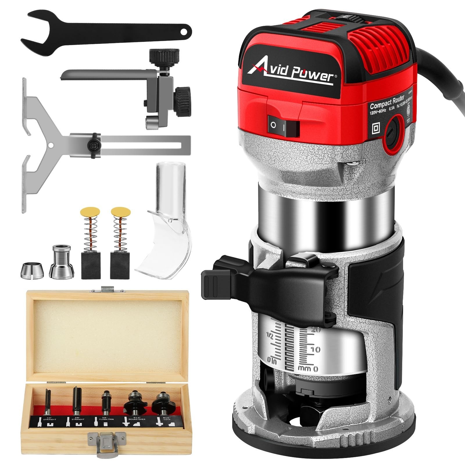 AVID POWER MW104 6.5A 1.25HP Compact Wood Router Fixed Base 6-Speed Red 65mm