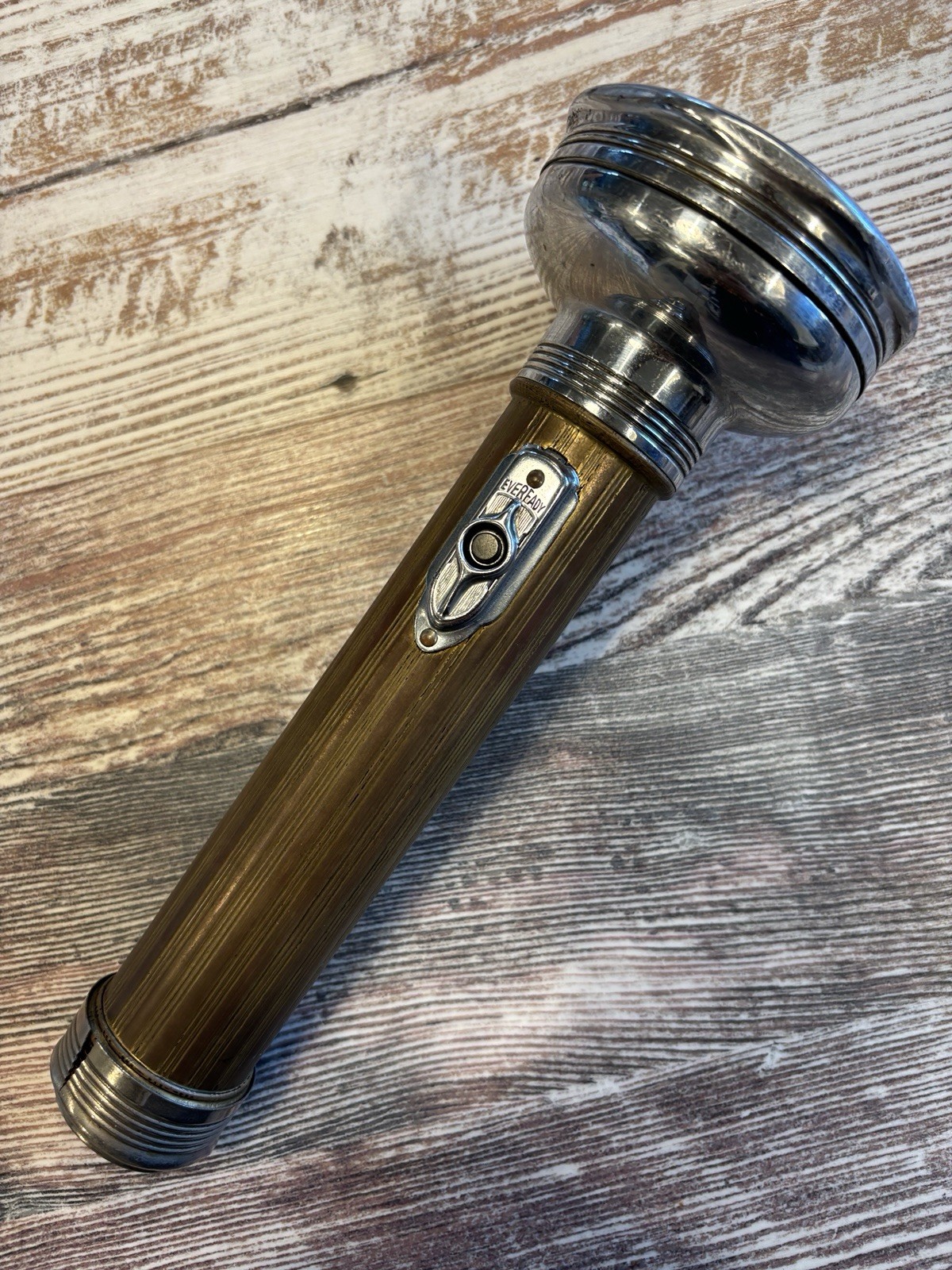 Vintage Eveready Flashlight Chrome Brown Ribbed Art Deco USALITE USA