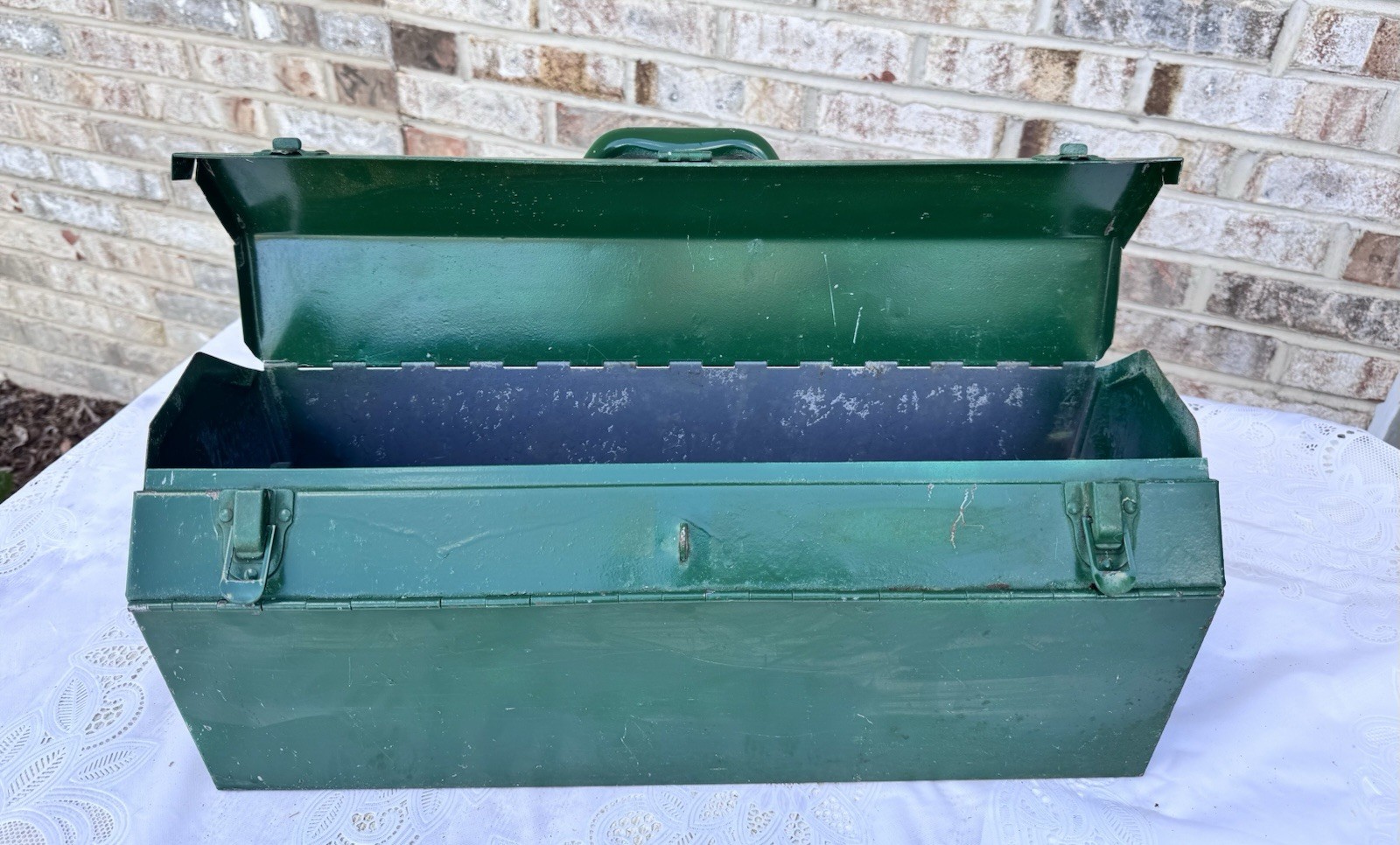Vintage Tombstone Heavy Duty Split Top Metal Tool Box With Tray