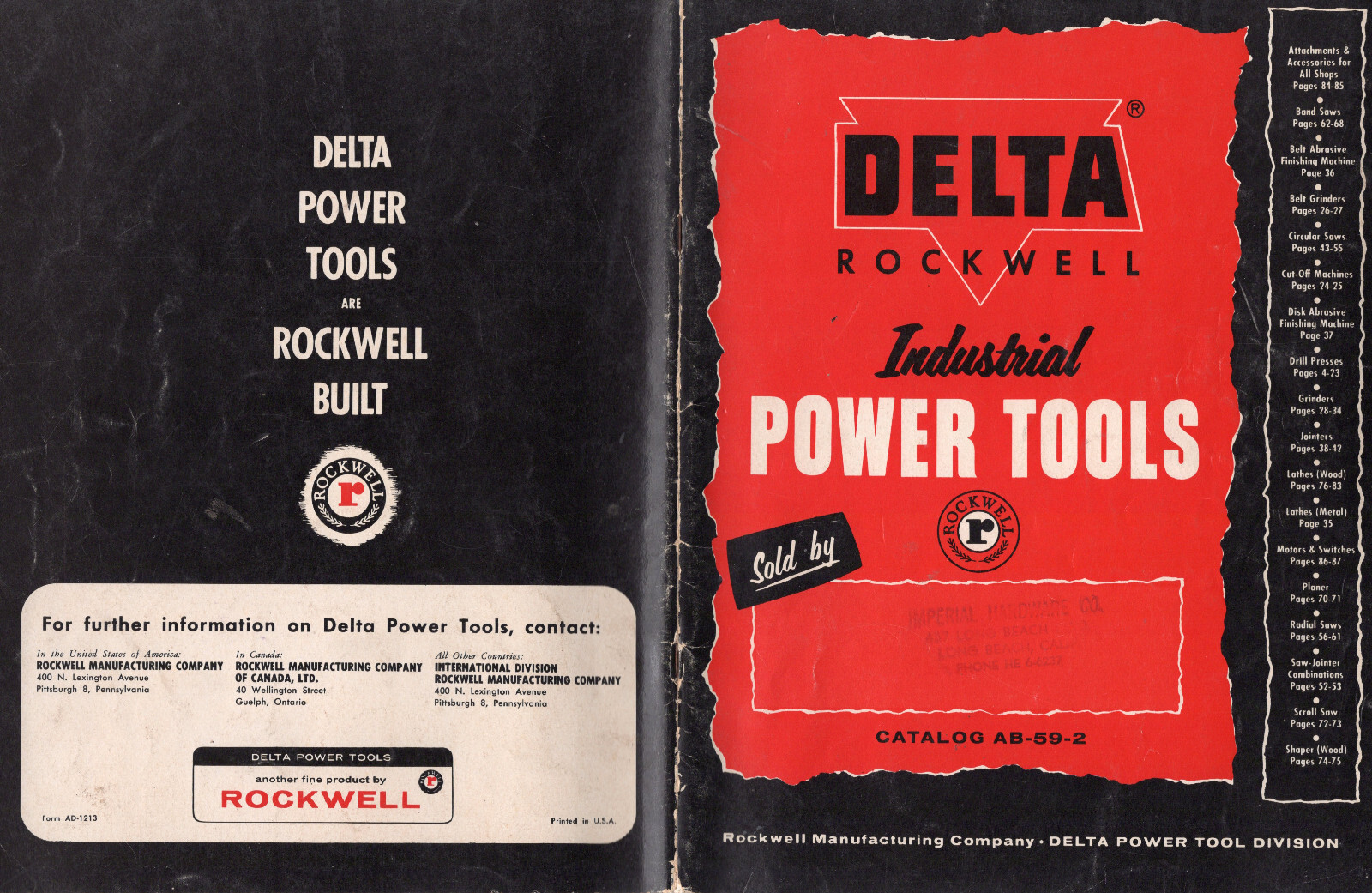 Delta Rockwell Industrial Power Tool 1959 Catalog Saws Drill Presses Lathes