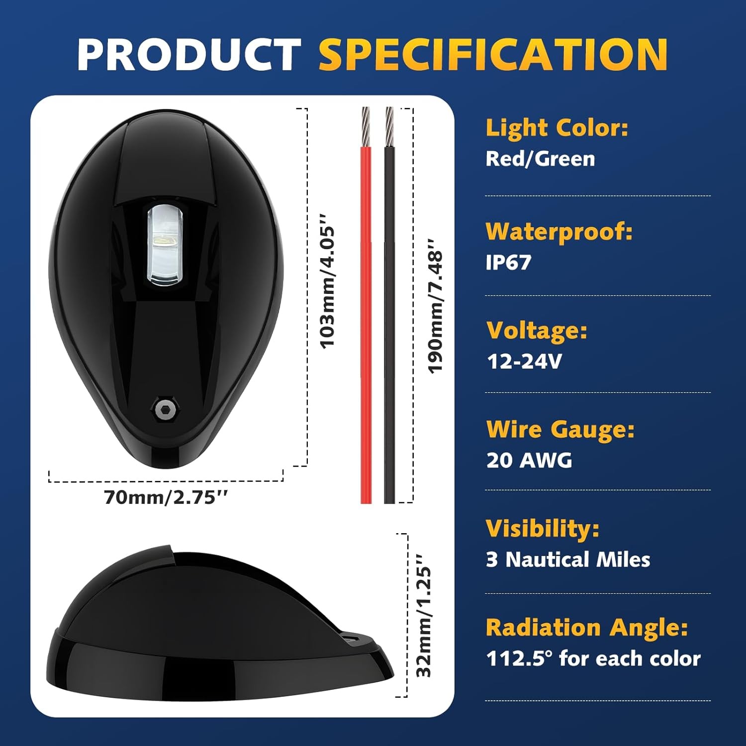 LED Boat Navigation Lights Red Green Bow Side Mount Marine Waterproof 12V