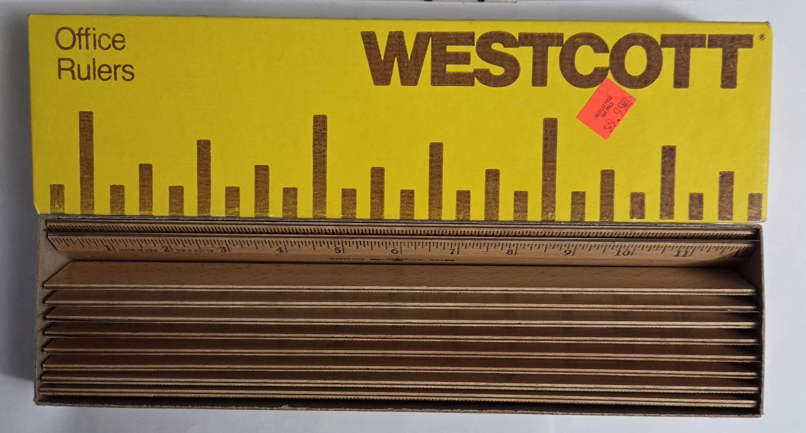 Vintage WESTCOTT 12″ Ruler Lot Of 10 Wooden-Metal Edge Complete Set w/ Box / New