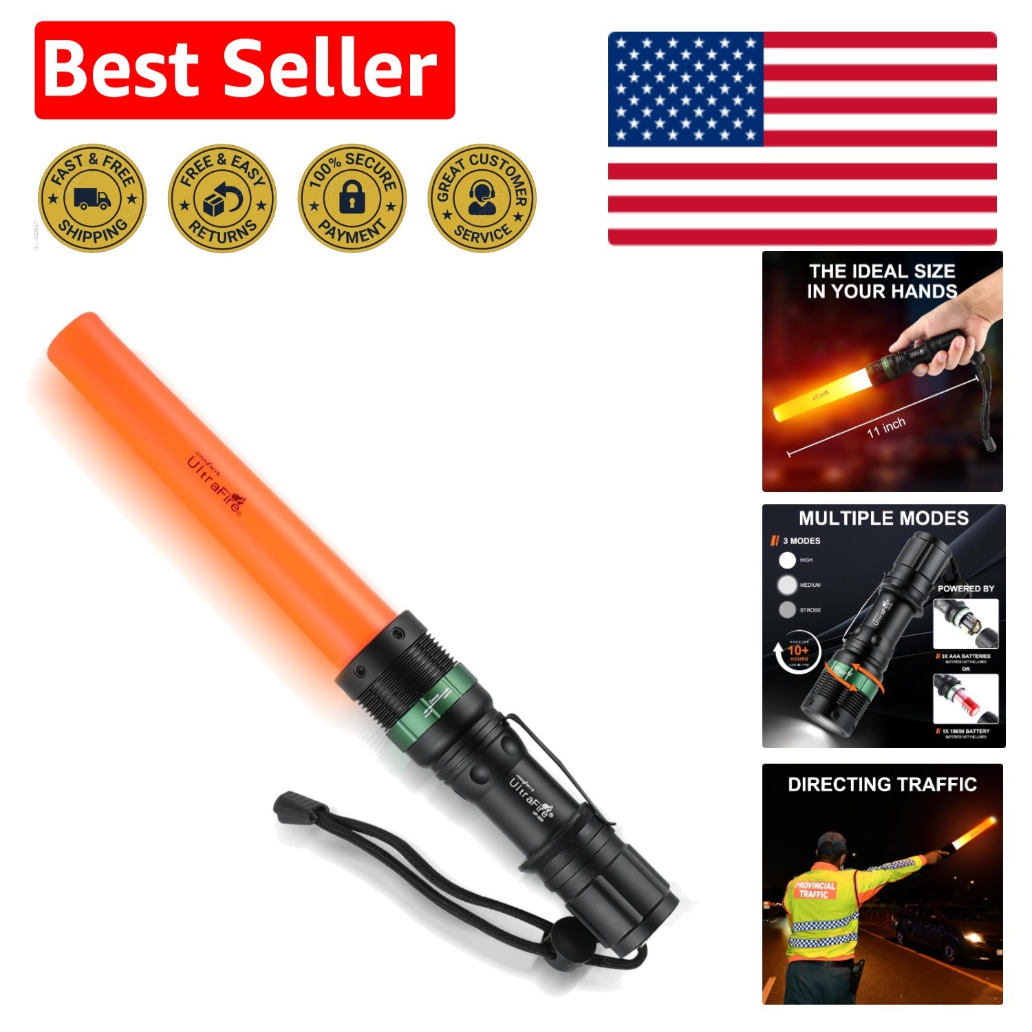 Ultra Bright 250LM 11-Inch Traffic Wand Flashlight with Strobe Mode & Strap