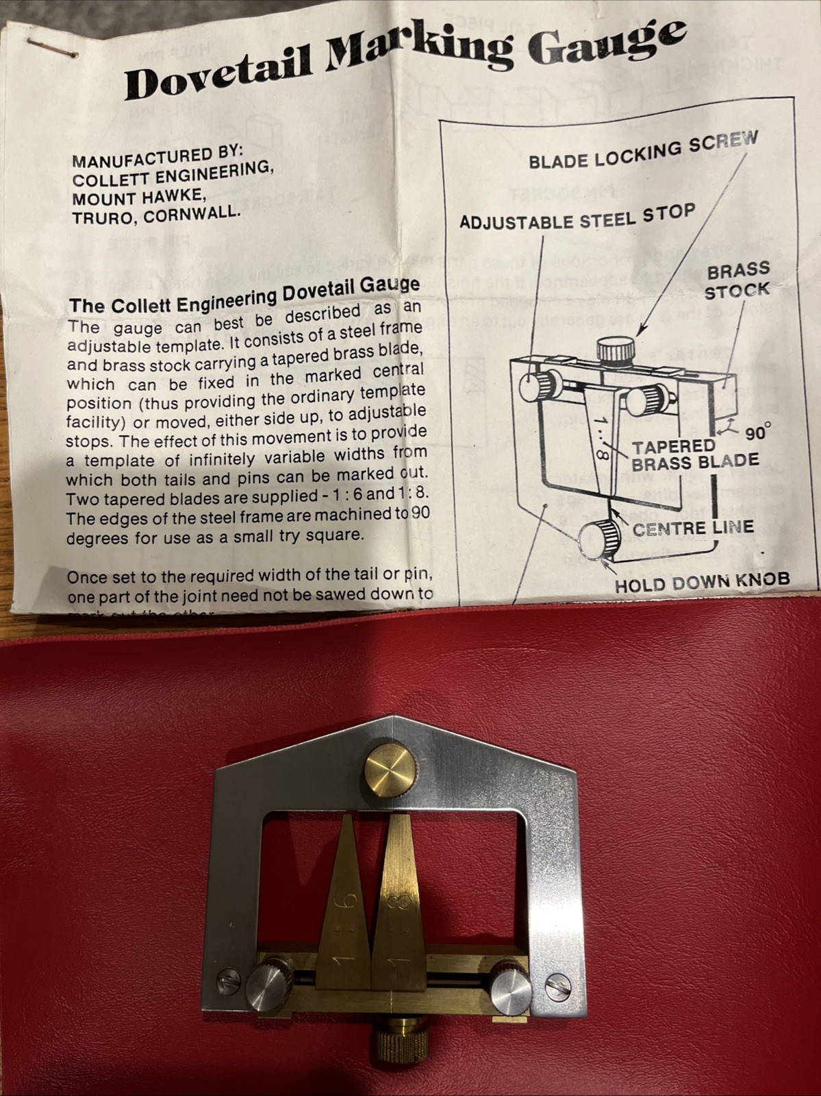 Vintage Collett Engineering Dovetail Marking Gauge 1:6, 1:8 with Instructions