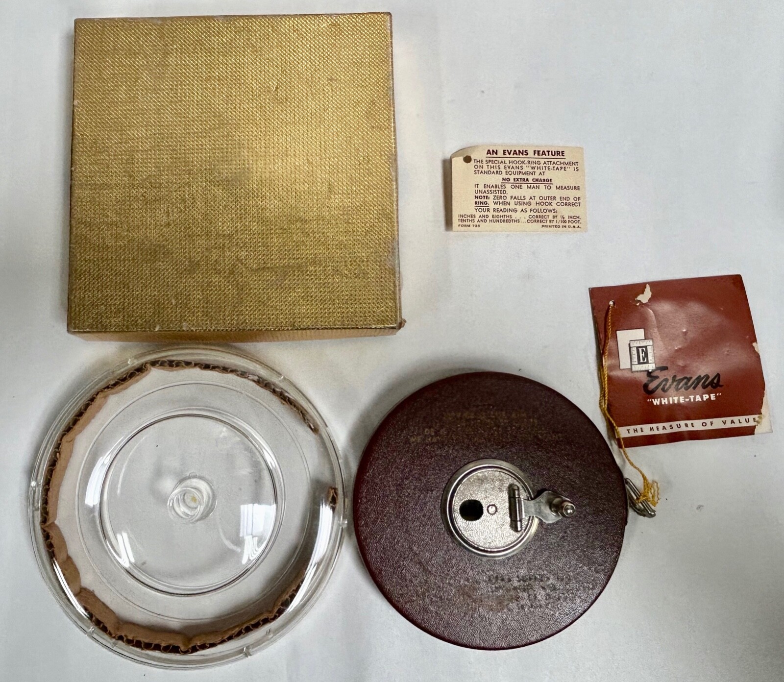 UNUSED Vtg Evans & Co White 100′ Steel Advertising Tape Measure W/Box (A10)