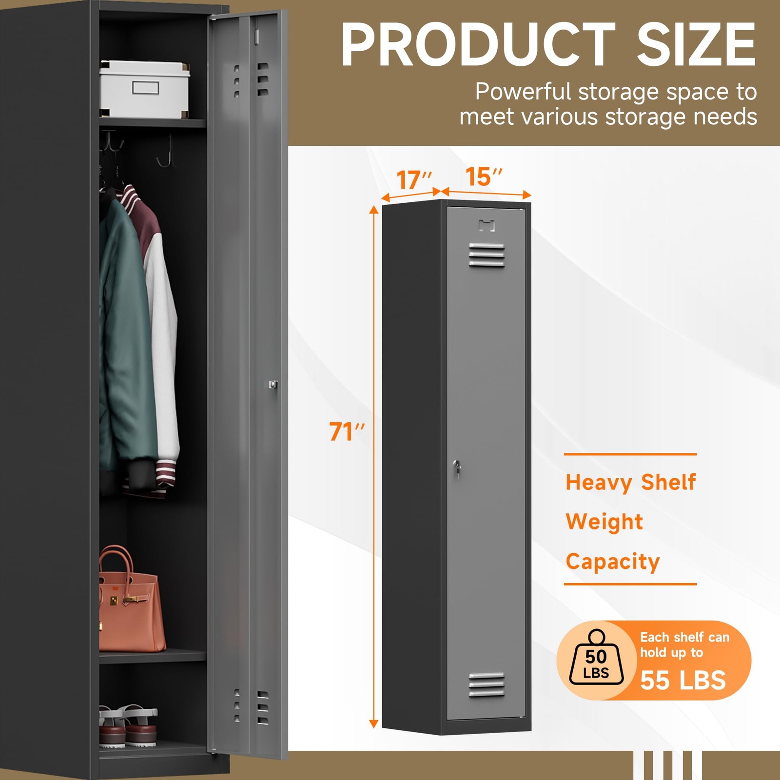 Topass Metal Lockers for Employees with Keys, 71″ Tall 1-Door, Black&grey