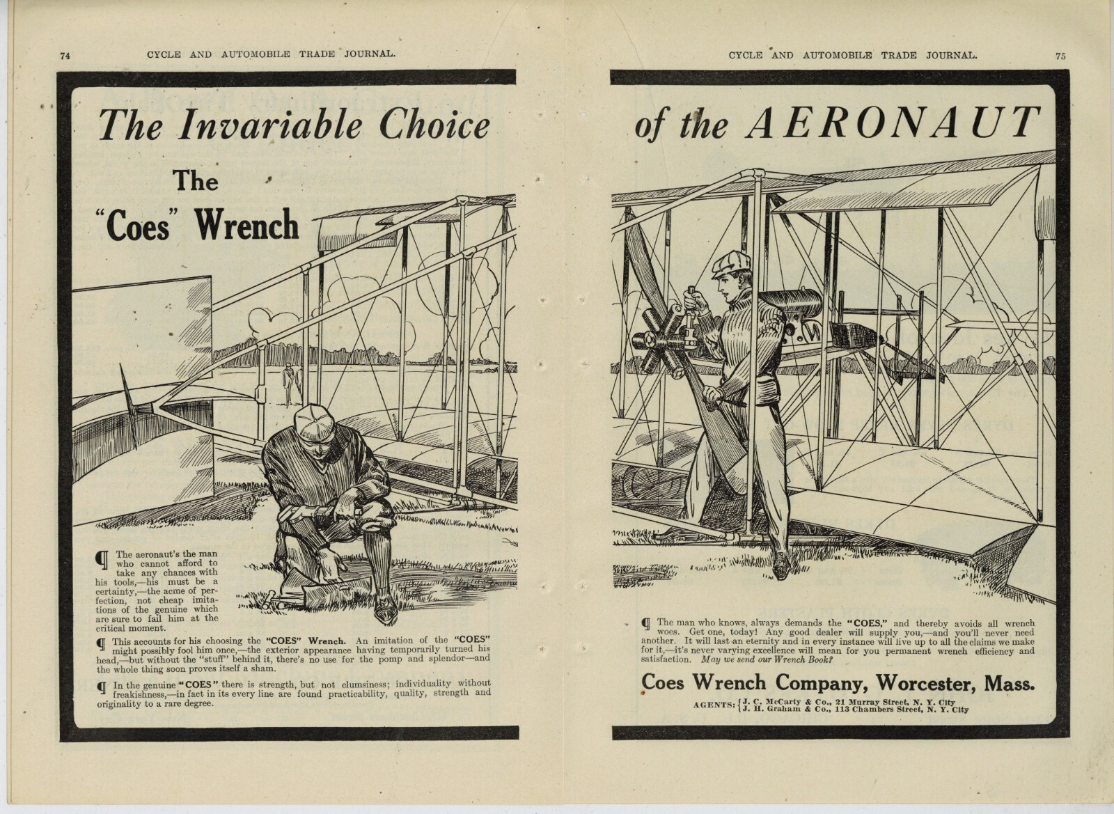 1911 Coes Wrench Co. 2 Separate Pg. Ad: Antique Aircraft Theme – Worcester, MA