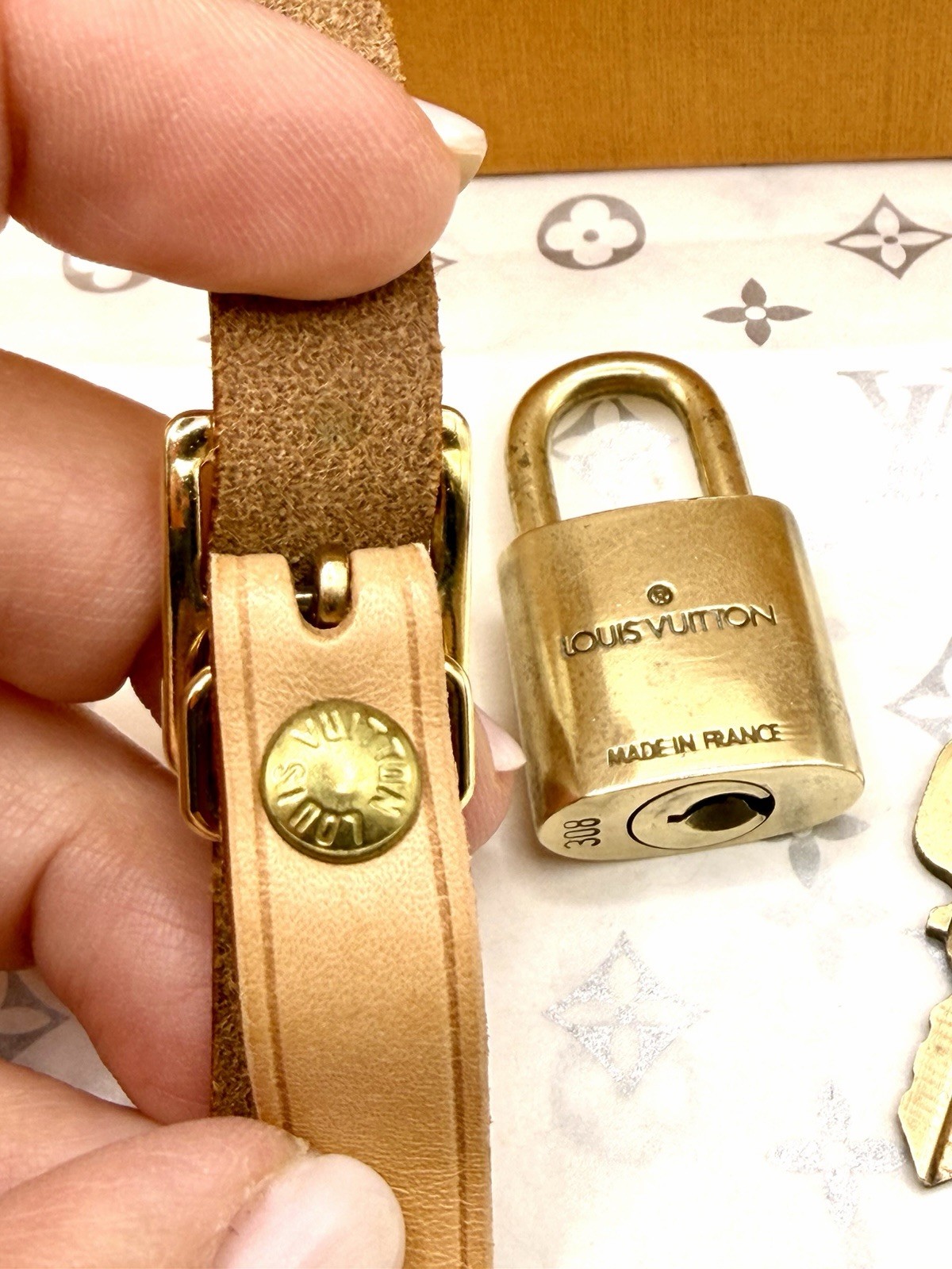 Authentic Louis Vuitton Lock & Key #308 with LV Vachetta Strap from Luggage Tag