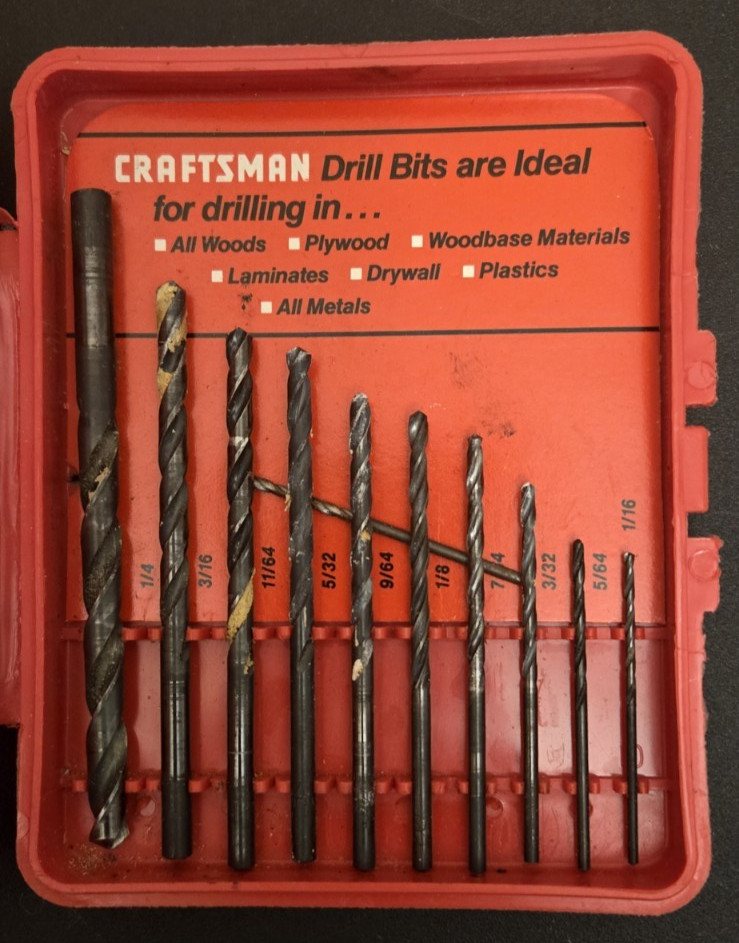 Vintage Craftsman 10 Piece High Speed Steel Drill Bit Set w/ Red Plastic Case