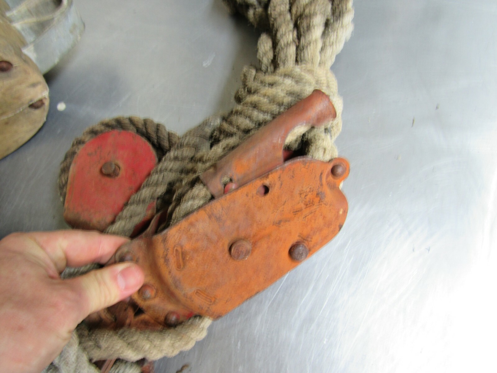 Large Vintage WOOD BLOCK AND TACKLE Steel Hoist Boston Lockport Durbin