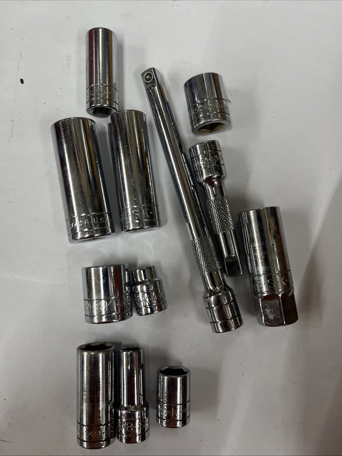 12 PIECE LOT S-K USA Socket Lot SAE 6 POINT 3/8 1/2 9/16 5/8 3/4 EXT BIN F/S