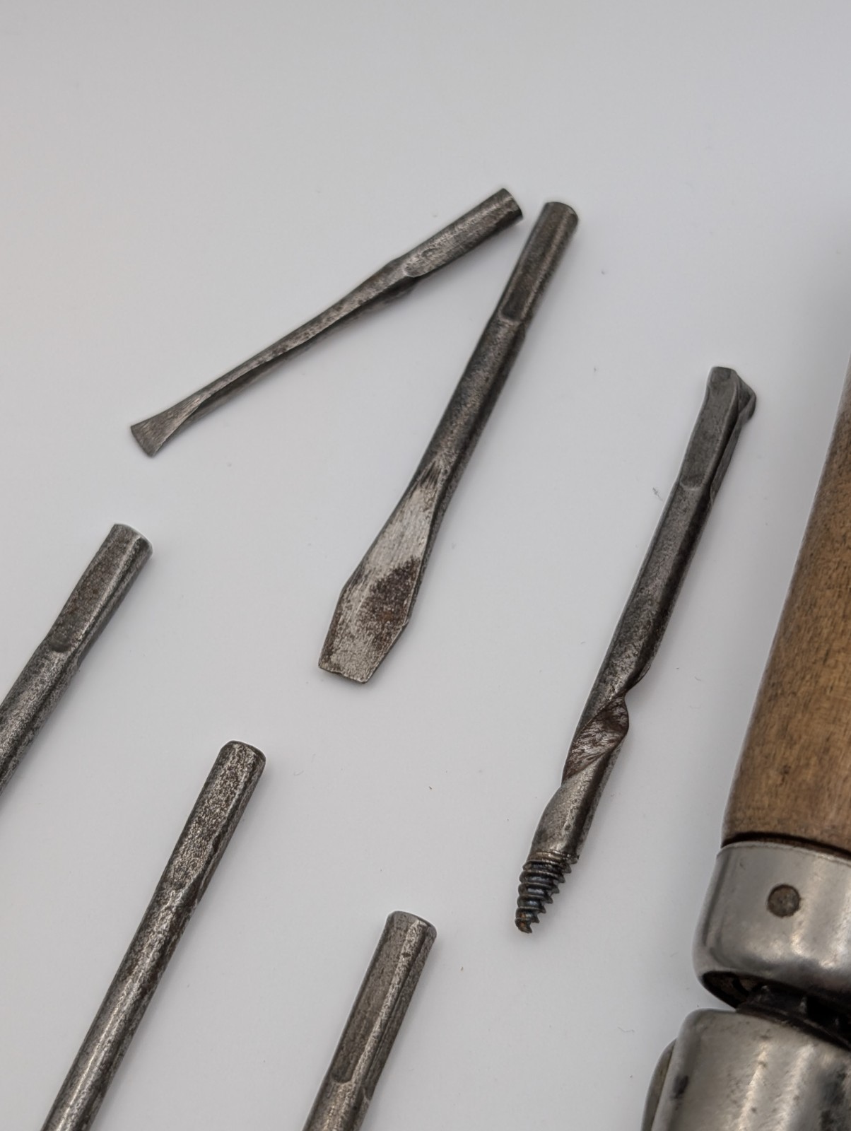 Vintage Hollow Handle Tool Set Wood Screwdriver Awl Gouge Bits w/ Cap
