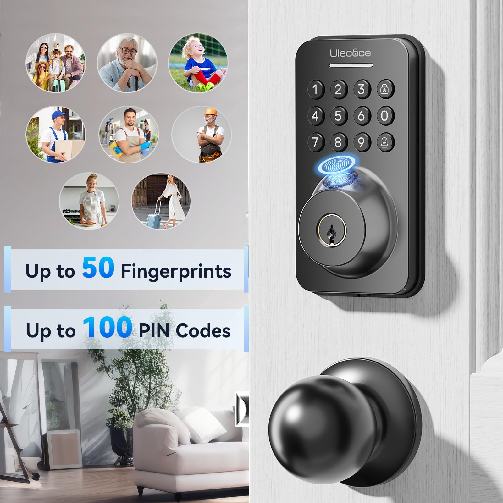 Ulecoce Fingerprint Keypad Deadbolt with Knob Set, Keyless Entry /, Black