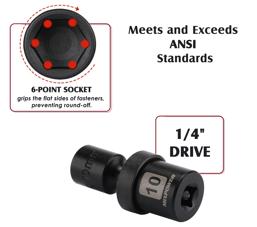 12 Pieces 1/4″ Drive Universal Impact Socket Set, CR-MO, Metric, Swivel Socket