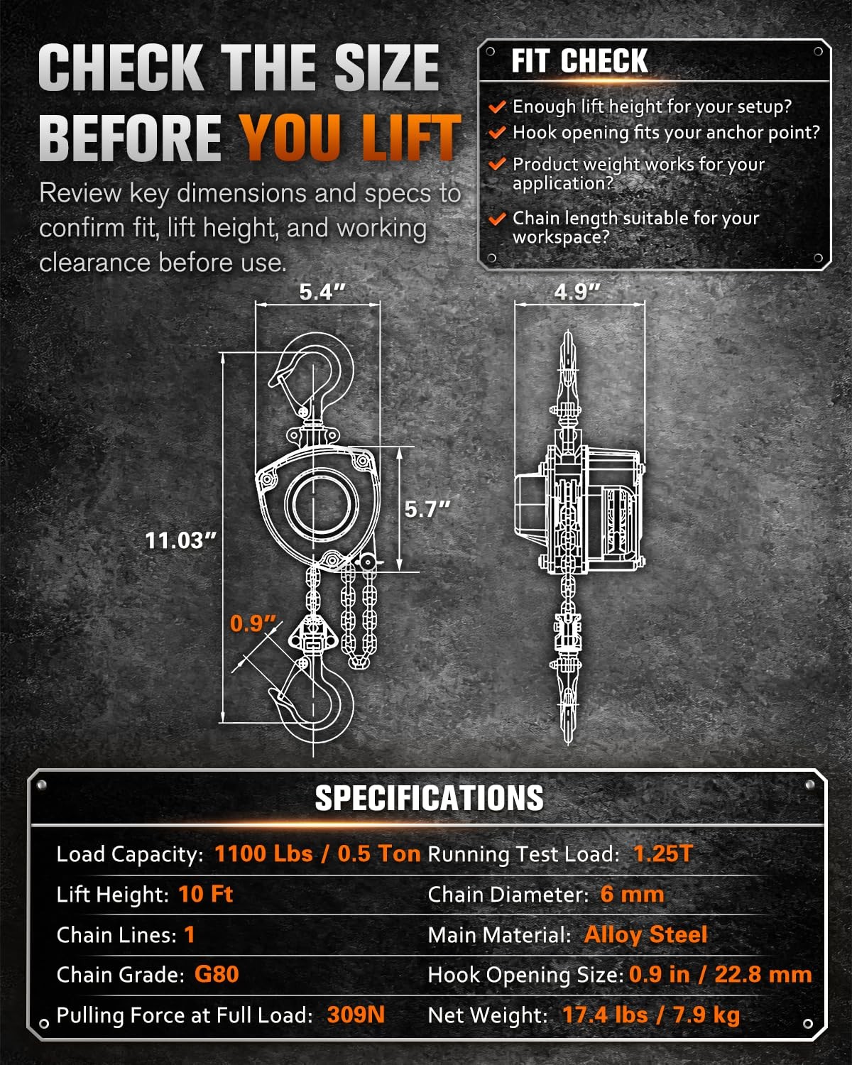 USYATO Chain Hoist 1/2 Ton, 1100 lbs Capacity, 10 FT Manual Fall, G80…