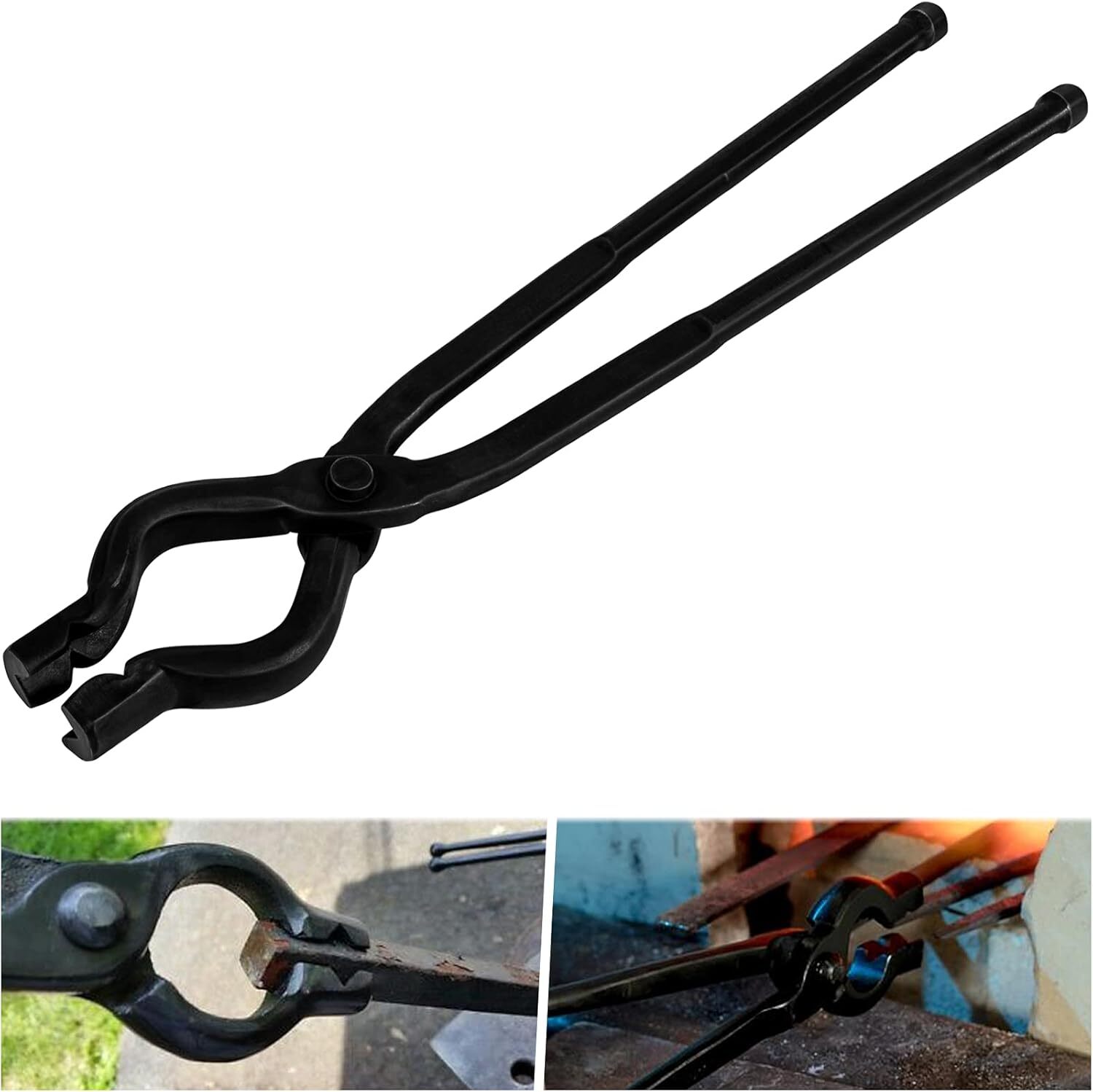 17 Inch V-Bit Bolt Blacksmith Tongs, Wolf Jaw Tongs Assembled Knife Making Black