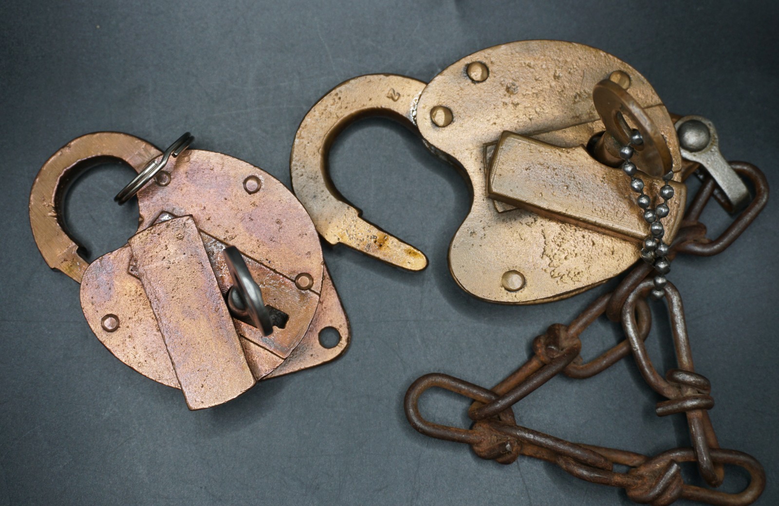 Vintage 1950-1953 Heart Shaped Padlocks w/ Keys + Chain Industrial Collectible
