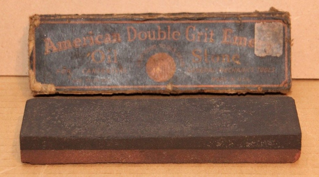 AMERICAN DOUBLE GRIT EMERY OIL SHARPENING STONE WITH ORIGINAL BOX VINTAGE TOOL