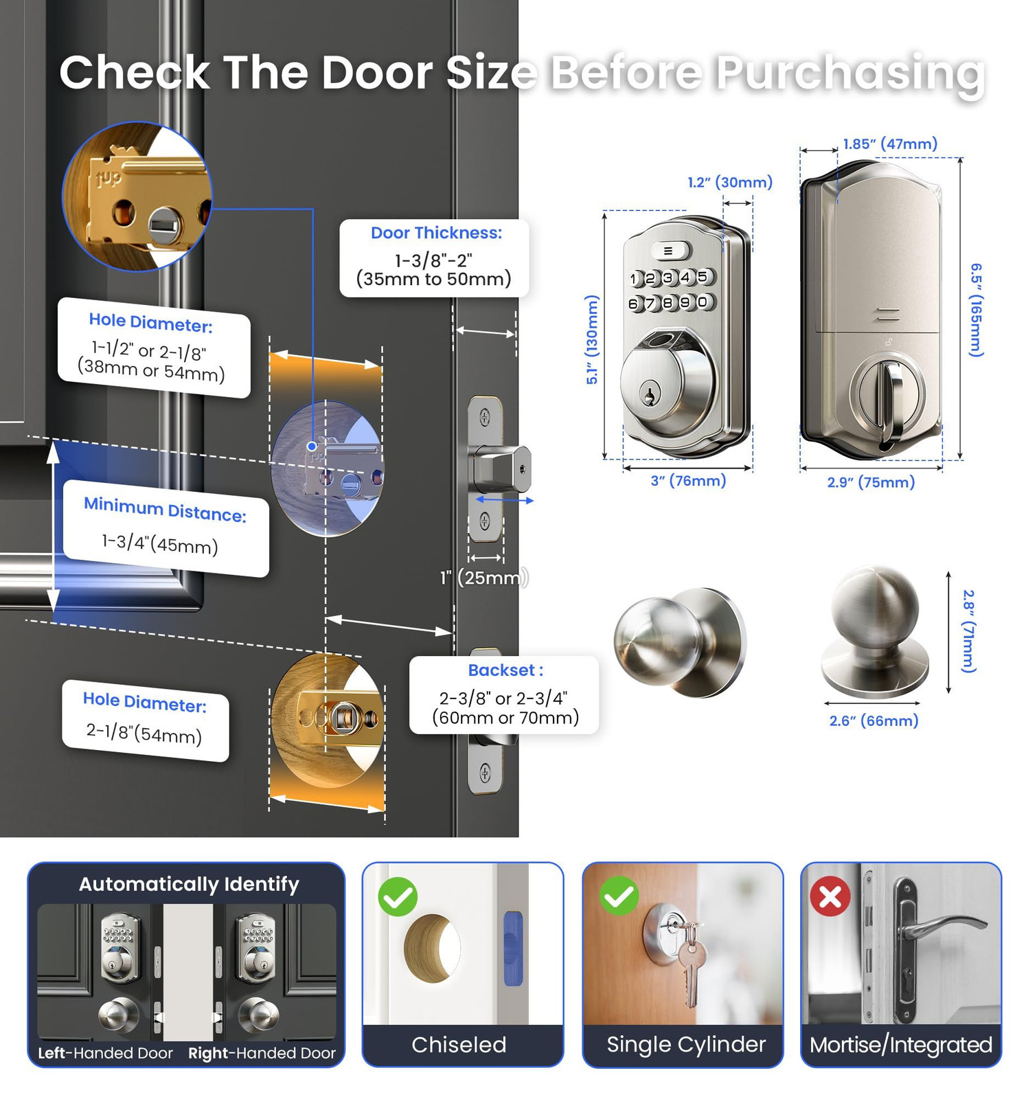 Veise VE012W-K Built-in WiFi Fingerprint Smart Lock with 2 Satin Nickel