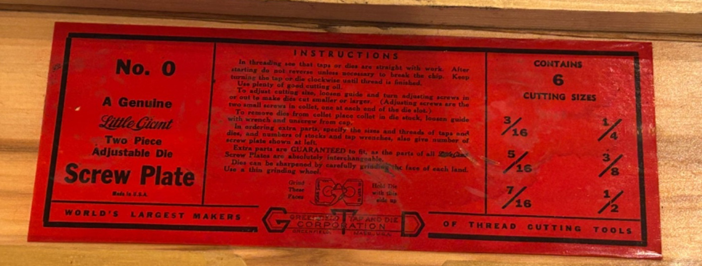 Vintage Little Giant No 0 Complete Tap Die Screw Plate Set GTD USA Wood Case
