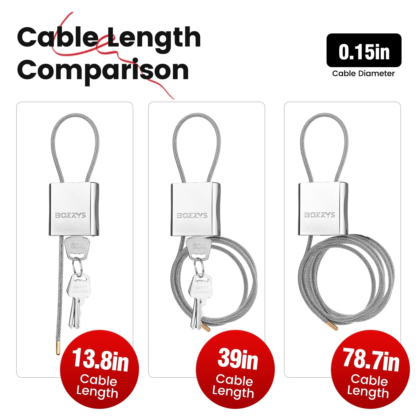 BOZZYS Cable Padlock with 3 Compact, silver – L 1.15ft(0.35m),D 1/6in(4mm)