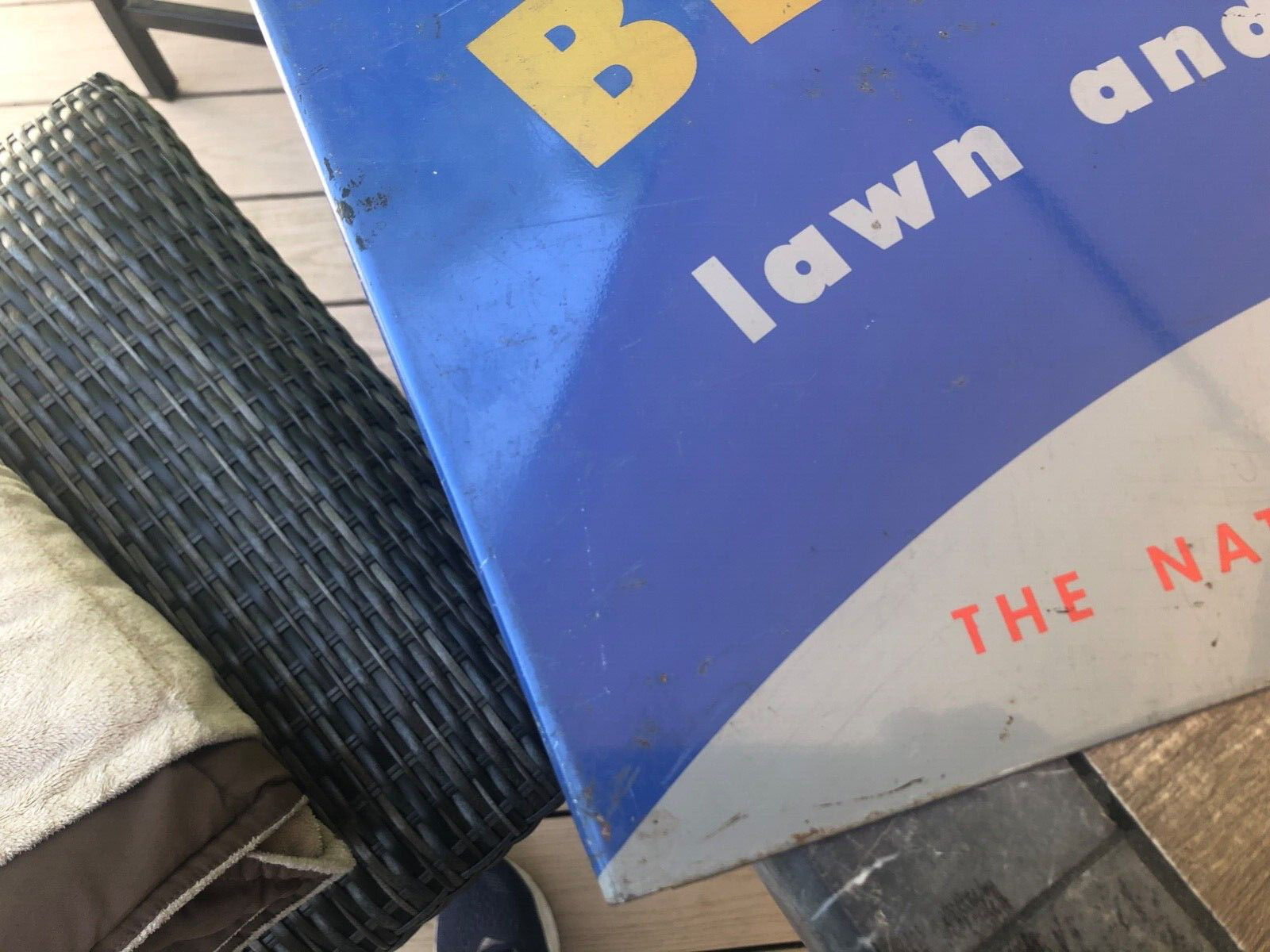 BLUE GRASS LAWN & GARDEN TOOLS BELKNAP HARDWARE USA VINTAGE ADVERTISING SIGN