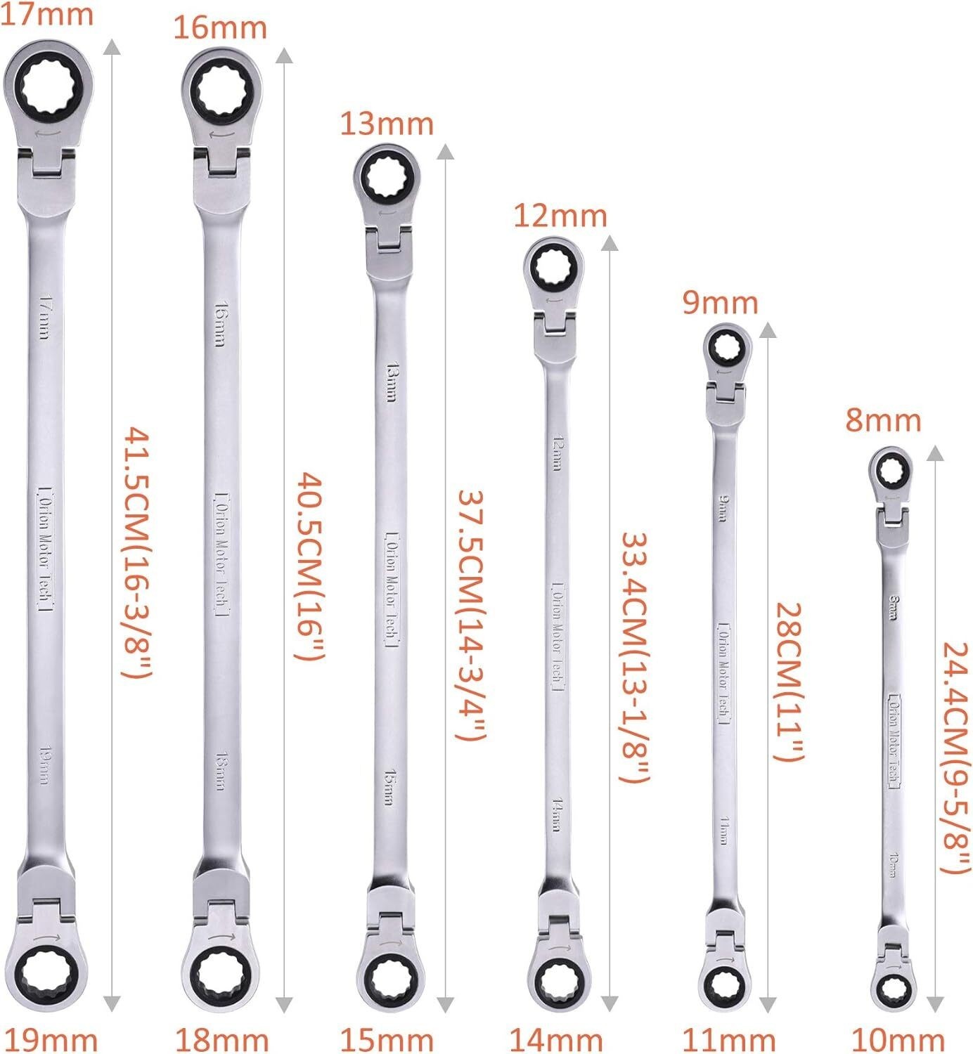 6-Piece Metric 8mm-19mm Extra Long Gear Ratcheting Wrench Set XL Extended Handle
