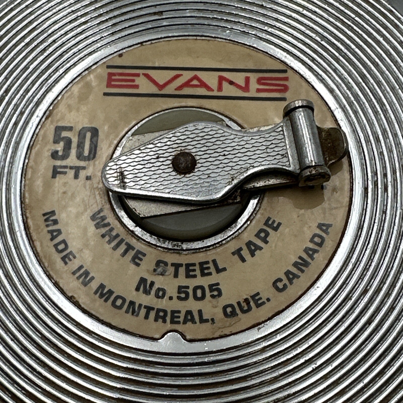 Vntg Evans 50 Foot White Steel Tape Measure No. 505 Manual Retract USA Excellent