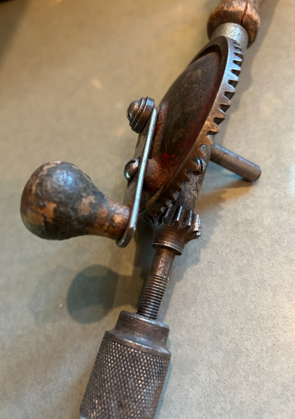 Antique HAND CRANK DRILL Egg Beater Vtg Manual Carpenter Hand Tool Wood Steel
