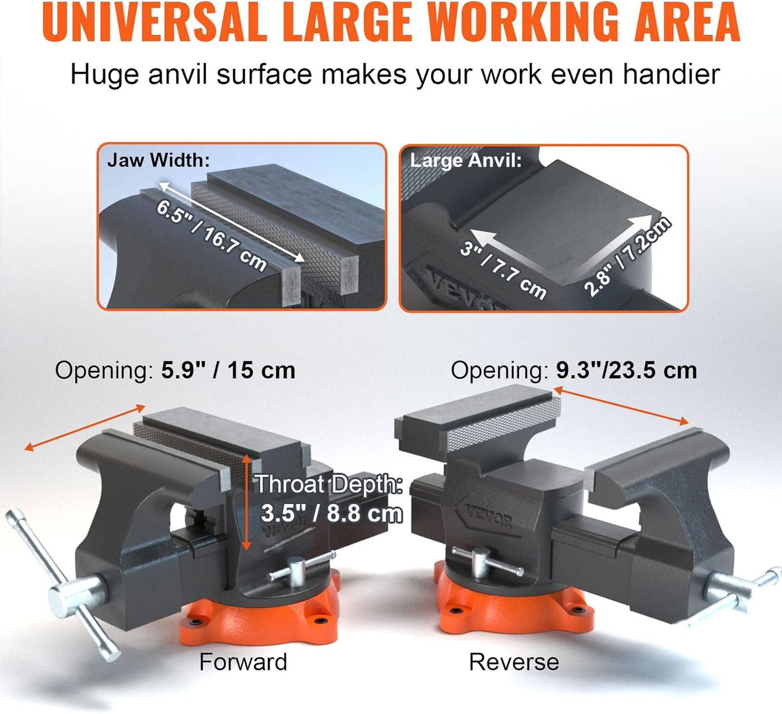 Bench Vise, 6.5″ Jaw Width 6.5″ Forward &9.3″ Reverse Opening, 360-Degree Swivel