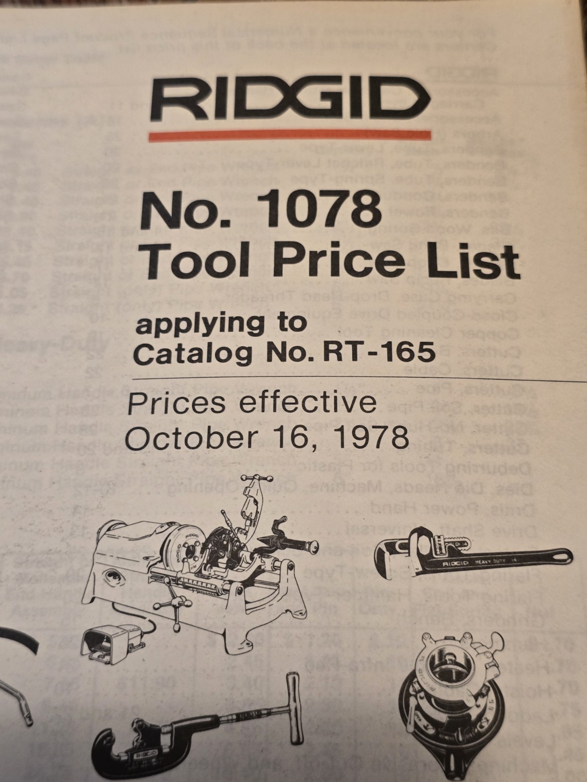 RIDGID Work Saver Tools~Tool Price List No. 1078~Oct 16, 1978~Elyria OH~VGC!