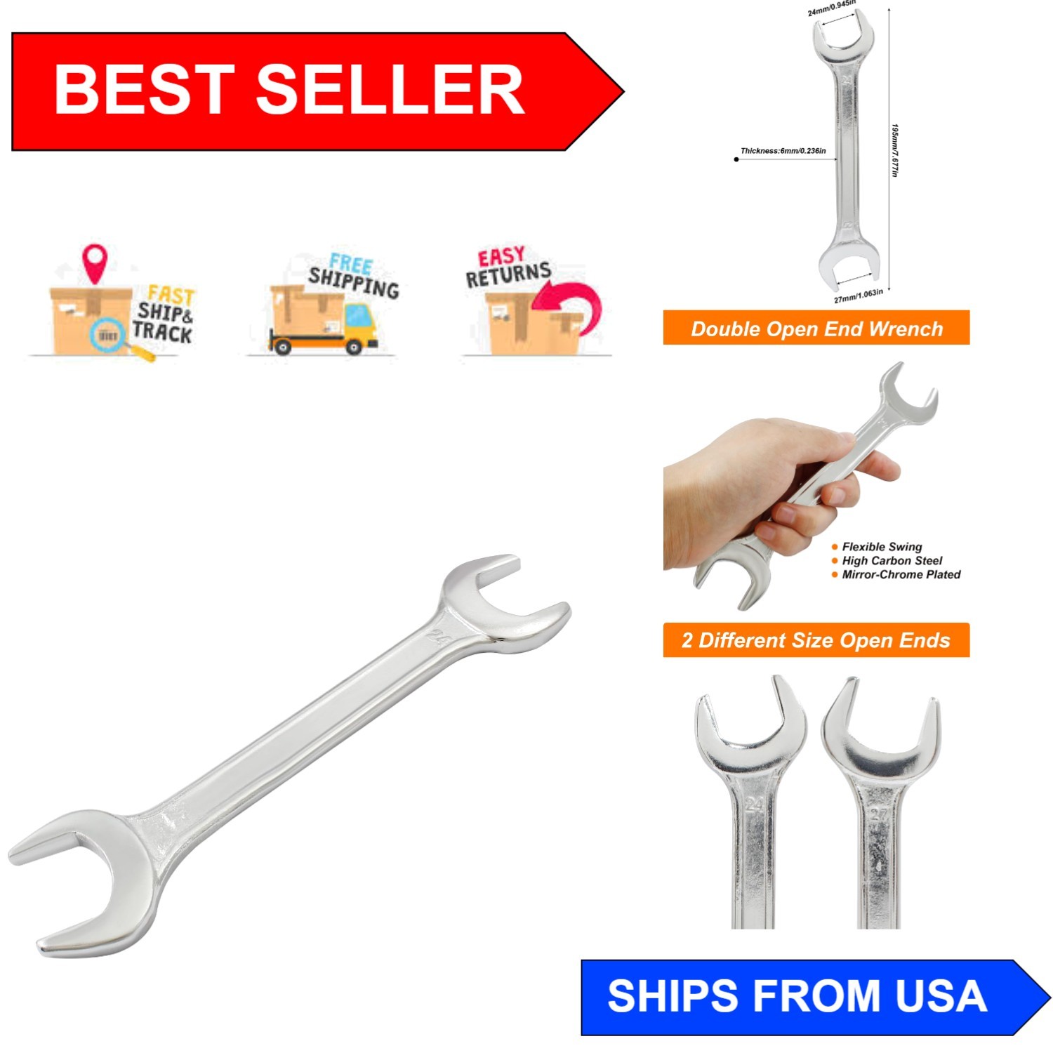 Double Open End Wrench 24mm x 27mm – Corrosion & Rust Resistant Tool