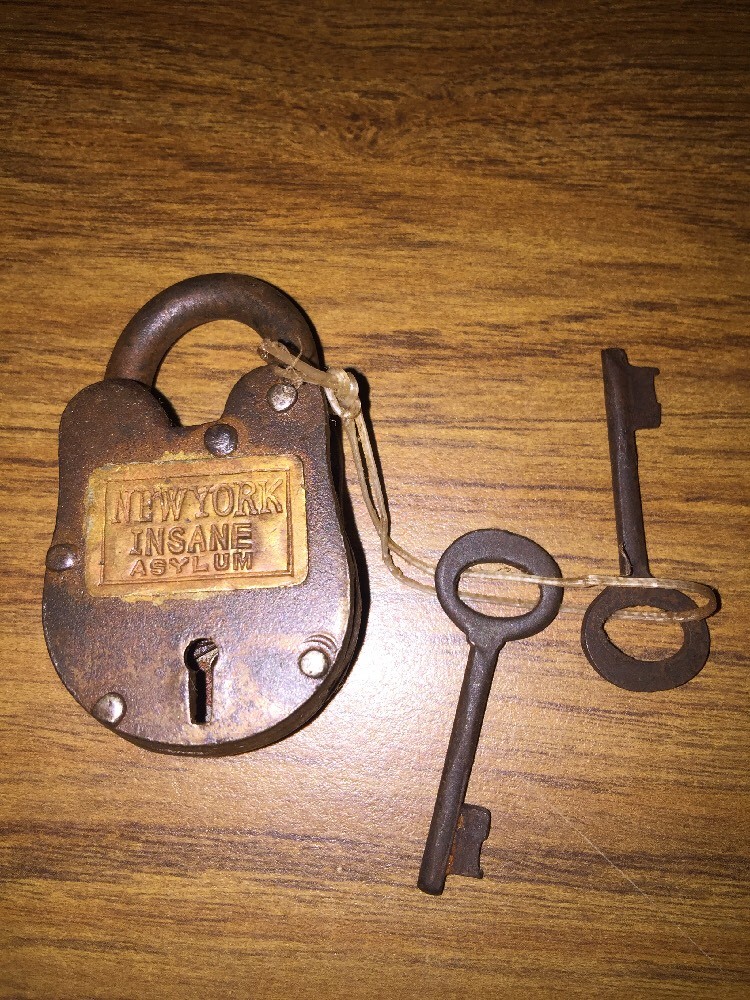 Insane Asylum Padlock Lock Keys Set Lot Patina Brass Plate NYC Collector GIFT