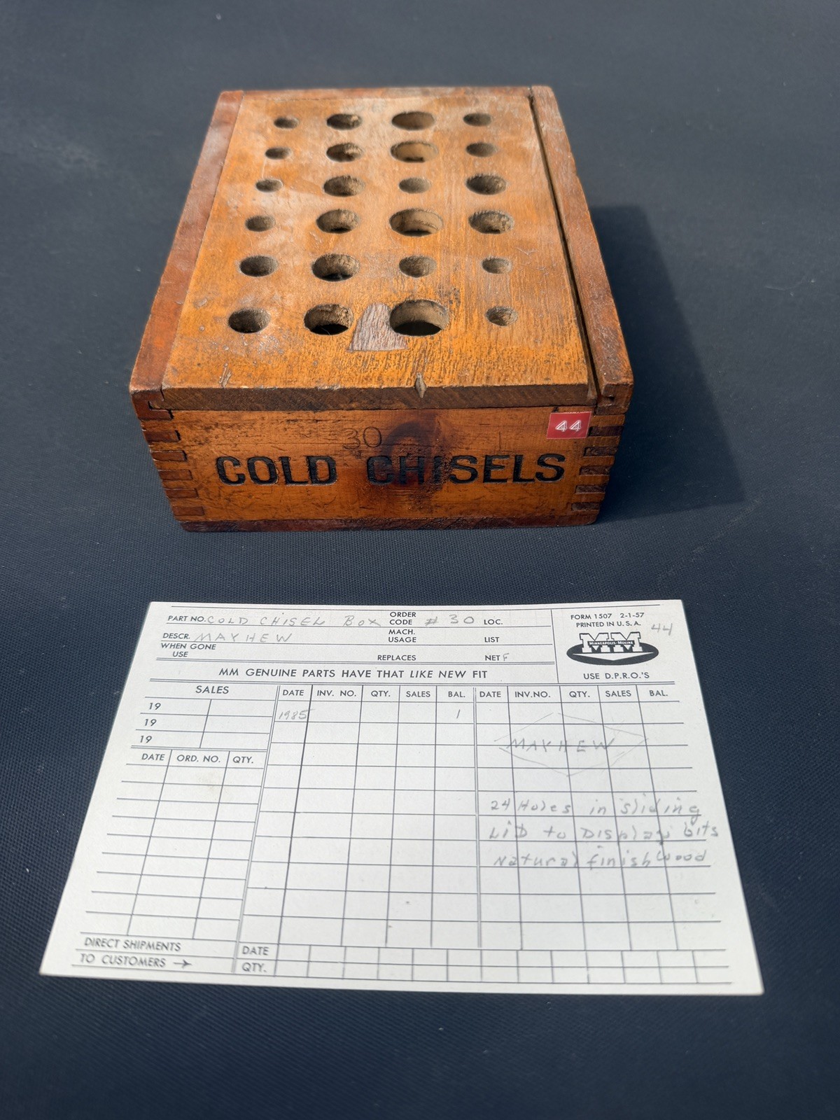 Vintage MAYHEW Cold Chisel Wooden Box with 24 Holes in Sliding Top