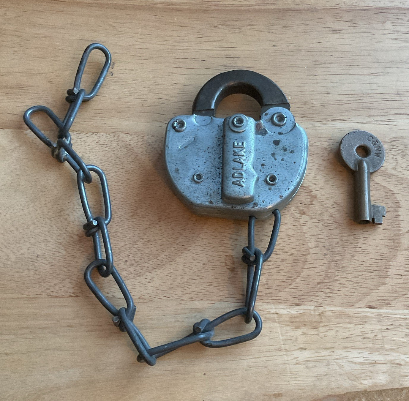 Adlake Padlock Lock with Chain & Key, Patent No. 2040483